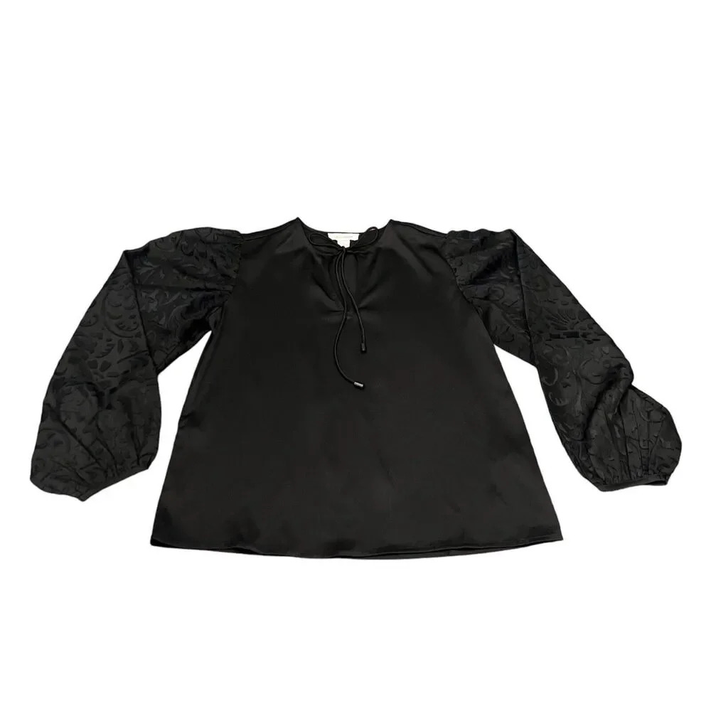 Calligraphie Black Tie Front Tunic Balloon Burnout Velvet Sheer Sleeve‎ Size XS